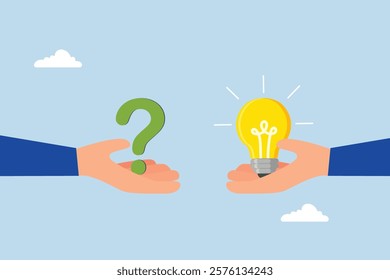 Question and answer, entrepreneur hand grasping a question mark while other is responding with lightbulb. 