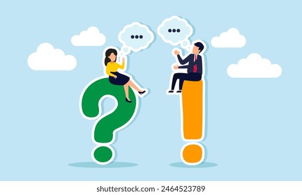 Question and answer, FAQ, discussion to solve problems, brainstorm or quiz, concept of Businessman and woman asking and answering questions