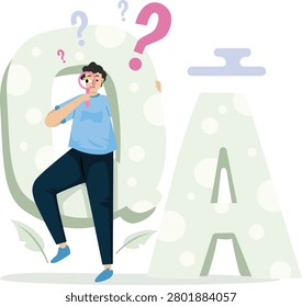 Question and answer FAQ illustration featuring users exchanging questions and answers through an interactive help platform. Ideal for customer support, knowledge bases, help centers, online communities, websites, and mobile applications.