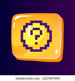 Question answer glossy ui button with pixelated color icon. Informational. Digital service. Editable 8bit graphic element on shiny glass rectangle shape. Isolated image for arcade, video game design