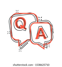 Question and answer icon in comic style. Discussion speech bubble vector cartoon illustration pictogram splash effect.