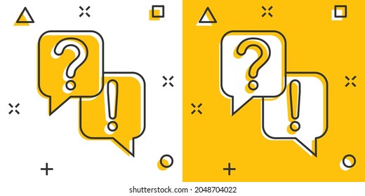 Question and answer icon in comic style. Dialog speech bubble cartoon vector illustration on white isolated background. Forum chat splash effect business concept.