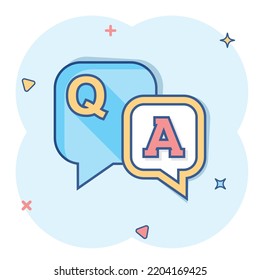 Question and answer icon in comic style. Discussion speech bubble vector cartoon illustration pictogram. Question, answer business concept splash effect.