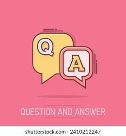 Question and answer icon in comic style. Discussion speech bubble vector cartoon illustration pictogram. Question, answer business concept splash effect.