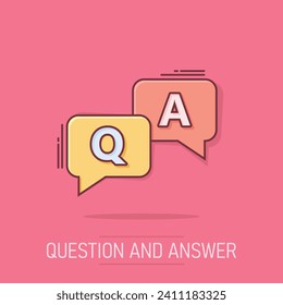 Question and answer icon in comic style. Discussion speech bubble vector cartoon illustration pictogram. Question, answer business concept splash effect.