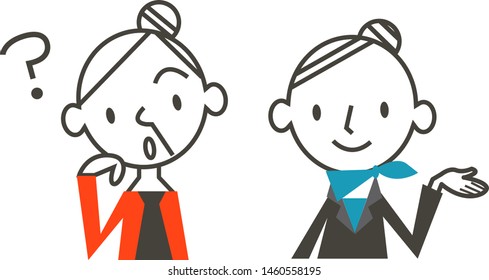 question & answer icon, senior woman & cabin attendant