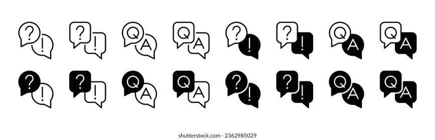 Juego de iconos de preguntas y respuestas. Marca de conversación, signo de exclamación e icono de signo de interrogación. Consultoría, comunicación, discusión, conversación, pregunta, discusión, burbuja de habla, habla. Ilustración del vector