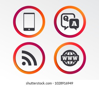 Question answer icon.  Smartphone and Q&A chat speech bubble symbols. RSS feed and internet globe signs. Communication Infographic design buttons. Circle templates. Vector