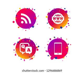 Question answer icon.  Smartphone and Q&A chat speech bubble symbols. RSS feed and internet globe signs. Communication Gradient circle buttons with icons. Random dots design. Vector