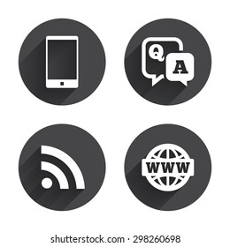 Question answer icon.  Smartphone and Q&A chat speech bubble symbols. RSS feed and internet globe signs. Communication Circles buttons with long flat shadow. Vector