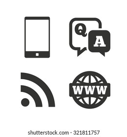 Question answer icon.  Smartphone and Q&A chat speech bubble symbols. RSS feed and internet globe signs. Communication Flat icons on white. Vector