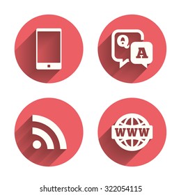 Question answer icon.  Smartphone and Q&A chat speech bubble symbols. RSS feed and internet globe signs. Communication Pink circles flat buttons with shadow. Vector