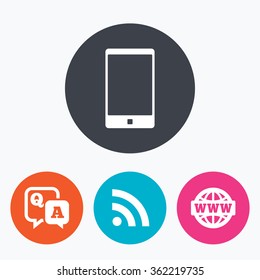 Question answer icon.  Smartphone and Q&A chat speech bubble symbols. RSS feed and internet globe signs. Communication Circle flat buttons with icon.