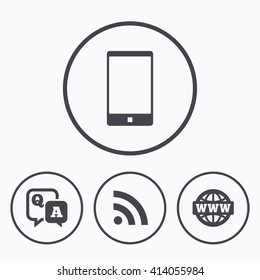 Question answer icon.  Smartphone and Q&A chat speech bubble symbols. RSS feed and internet globe signs. Communication Icons in circles.