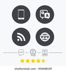 Question answer icon.  Smartphone and Q&A chat speech bubble symbols. RSS feed and internet globe signs. Communication Chat, award medal and report linear icons. Star vote ranking. Vector