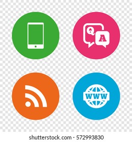 Question answer icon.  Smartphone and Q&A chat speech bubble symbols. RSS feed and internet globe signs. Communication Round buttons on transparent background. Vector