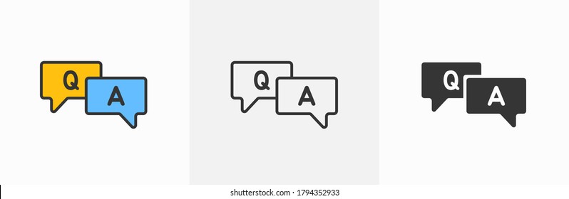 Question and answer line icon designed as faq outline symbol with q and a letter in thin black line, solid, and blue and yellow speak bubble. Flat outline ask and explain forum vector logo clipart V1