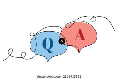 Question and answer line icon designed as faq outline symbol with q and a letter in thin black line, solid, and blue and yellow speak bubble.