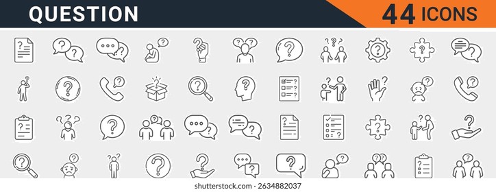Question and Answer line icons. FAQ, support, inquiry, help, solution, and communication outline symbols. Editable stroke vector set.