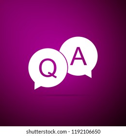 Question and Answer mark in speech bubble icon isolated on purple background. Q and A symbol. Flat design. Vector Illustration