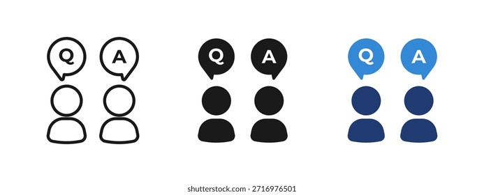Conjunto de iconos de personas de preguntas y respuestas que muestra una comunicación de preguntas y respuestas entre dos usuarios. Contorno plano, estilos sólidos y coloreados. Símbolos de Vector para Asistencia, ayuda, preguntas frecuentes, discusión y conceptos de Servicio al cliente