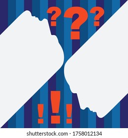 Frage- und Antwortplakat auf gestreiftem Hintergrund von Blautönen, weißen Personenprofilen, Ausrufezeichen und Fragezeichen auf Orange