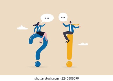 Question and answer, Q and A, FAQ, frequently asked questions, discussion to get solution to solve problem, brainstorm conversation or quiz concept, businessman and woman ask and answer questions.