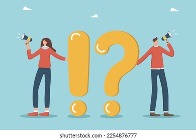 Question and answer, Q and A, FAQ, frequently asked questions, consumer survey and answers to their questions, a man and a woman ask questions and answer them.