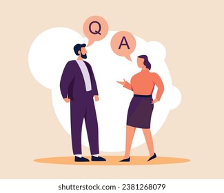 Question and answer, Q and A, FAQ, frequently asked questions, discussion to get solution to solve problem, brainstorm conversation or quiz concept, businessman and woman ask and answer questions