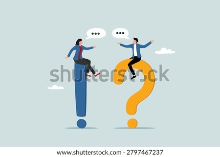 Question and answer, Q and A, FAQ, frequently asked questions, discussion to get solution to solve problem, brainstorm conversation or quiz concept, businessman and woman ask and answer questions.