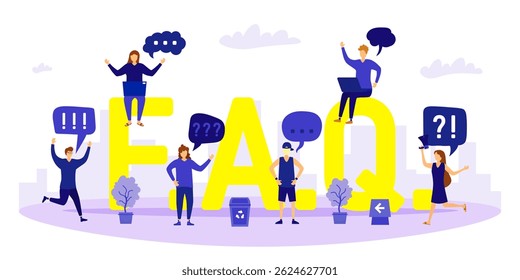 Question and answer session with businessman holding megaphone giving advice and info during online discussion with faq symbol chat message query solution and problem solving forum

