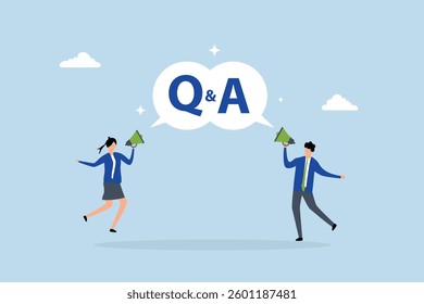 question and answer session, businessman and woman yelling into megaphone during Q and A in speech bubble. 