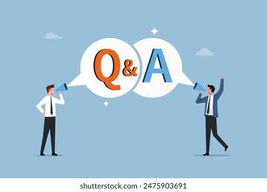 Question and Answer session or QA. FAQ or frequently asked questions. Two businessmen are shouting on megaphone as Q and A on speech bubble. Information to solve problem 