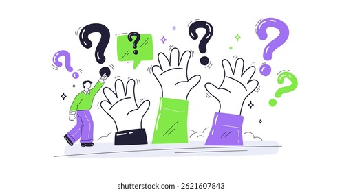 Question and answer session with raised hands and question marks, symbolizing curiosity and engagement. Playful style
