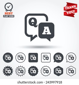 Question Answer Sign Icon. Q&A Symbol. Circle, Star, Speech Bubble And Square Buttons. Award Medal With Check Mark. Thank You. Vector