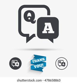 Question answer sign icon. Q&A symbol. Flat icons. Buttons with icons. Thank you ribbon. Vector