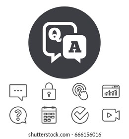 Question answer sign icon. Q&A symbol. Calendar, Locker and Speech bubble line signs. Video camera, Statistics and Question icons. Vector