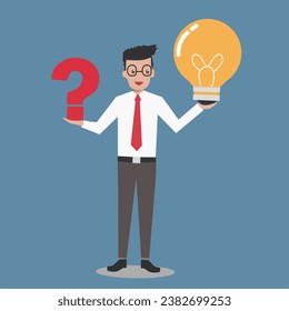 Question and answer, Smart Businessman with Question Mark and Lightbulb. Answering questions and finding solutions with creative thinking. - Shutterstock ID 2382699253