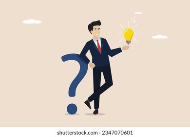 Question and answer, solution to solve problem, help or idea concept, smart businessman holding question mark and light bulb.