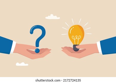Question and answer, solving problem or business solution, ask for reply or idea to solve difficulty and trouble, FAQ concept, businessman hand holding question mark with other reply with lightbulb.
