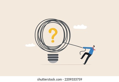 Question And Answer, Solving Problem Or Business Solution.
Businessman Pulling The Rope Trying To Untie The Tangled Ropes Tied With Question Marks.