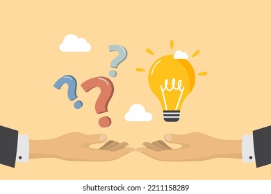 Question And Answer, Solving Problem Or Business Solution, Ask For Reply Or Idea To Solve Difficulty And Trouble, FAQ Concept, Businessman Hand Holding Question Mark With Other Reply With Lightbulb.