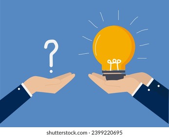 Question and answer, solving problem or business solution, ask for reply or idea to solve difficulty and trouble, businessman hand holding question mark with other reply with lightbulb.