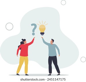 Question and answer, solving problem or business solution, holding question mark with other reply with lightbulb.flat vector illustration.