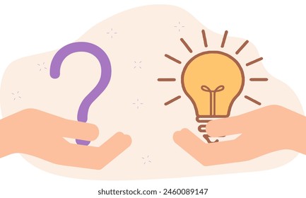 Question and answer, solving problem or business solution, ask for reply or idea to solve difficulty and trouble, FAQ concept, businessman hand holding question mark with other reply with lightbulb.