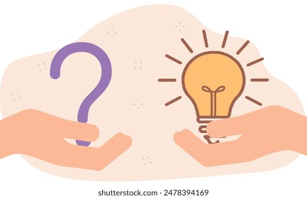 Question and answer, solving problem or business solution, ask for reply or idea to solve difficulty and trouble, FAQ concept, businessman hand holding question mark with other reply with lightbulb.	