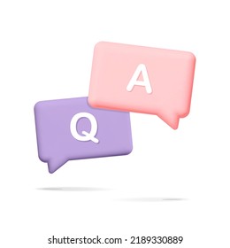 Question and answer speech bubble 3d vector design illustration. Purple and pink rectangle push notification. FAQ, information, q and a letter, support, web, online customer help concept. 