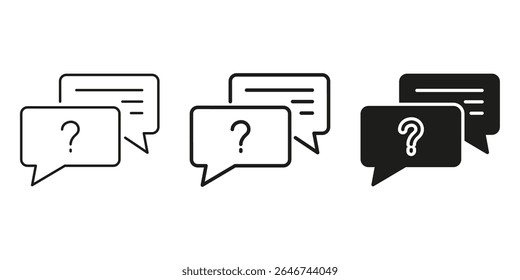 Question And Answer Speech Bubbles Icon Set. Communication, Inquiry, And Customer Support Outline And Silhouette Symbol Collection. Interactive Dialogue And Help Center. Isolated Vector Illustration.