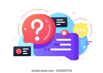 Question and answer vector illustration. Colourful bubbles with text and question mark flat style. Communication and conversation concept. Isolated on white background