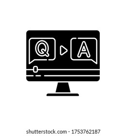 Question and answer video black glyph icon. Journalist interview footage. Blogger Q and A stream. Online quiz. Informational content. Silhouette symbol on white space. Vector isolated illustration